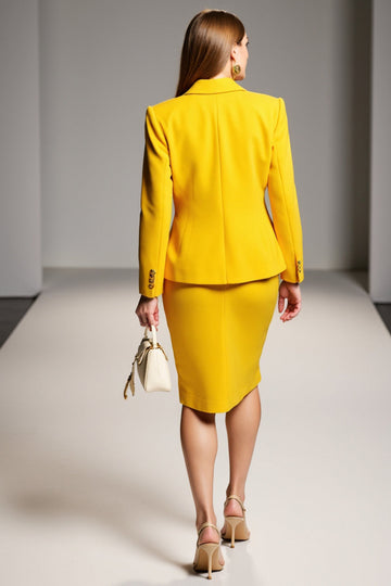 Yellow Bodycon Two-piece Notched Lapel Work Dress with Long Sleeves